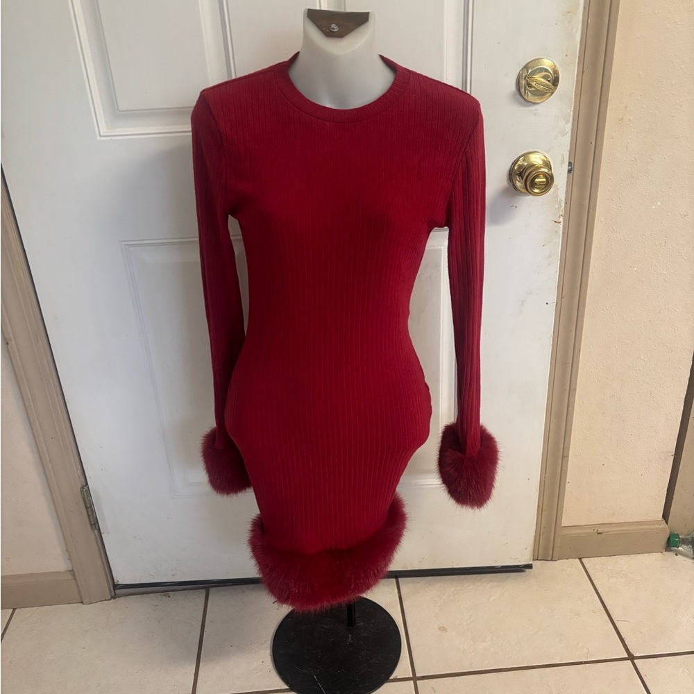 Large These Three Red Ribbed knit long sleeve faux fur Body con Mini Dress.